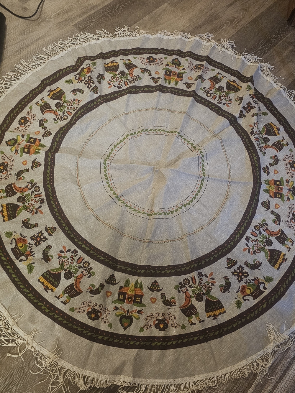 Vintage Round Tablecloth in Brown, Green, Yellow